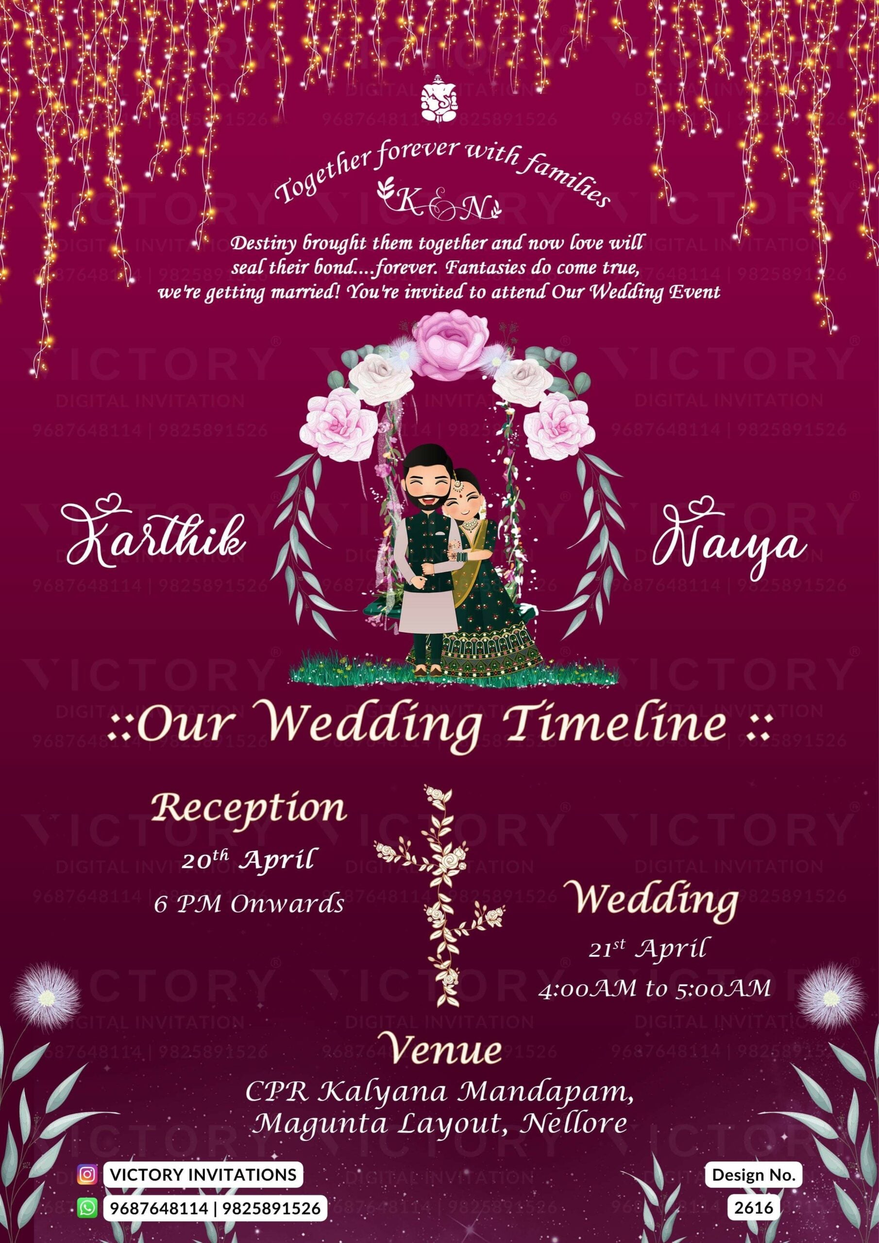Wedding ceremony invitation card of hindu south indian telugu family in english language with shining theme design 2616