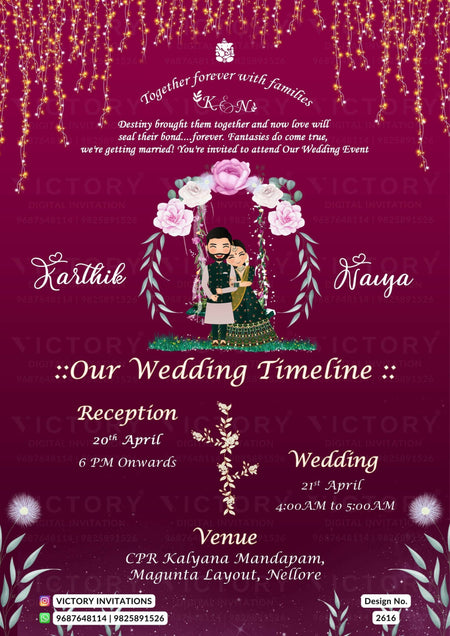 Wedding ceremony invitation card of hindu south indian telugu family in english language with shining theme design 2616