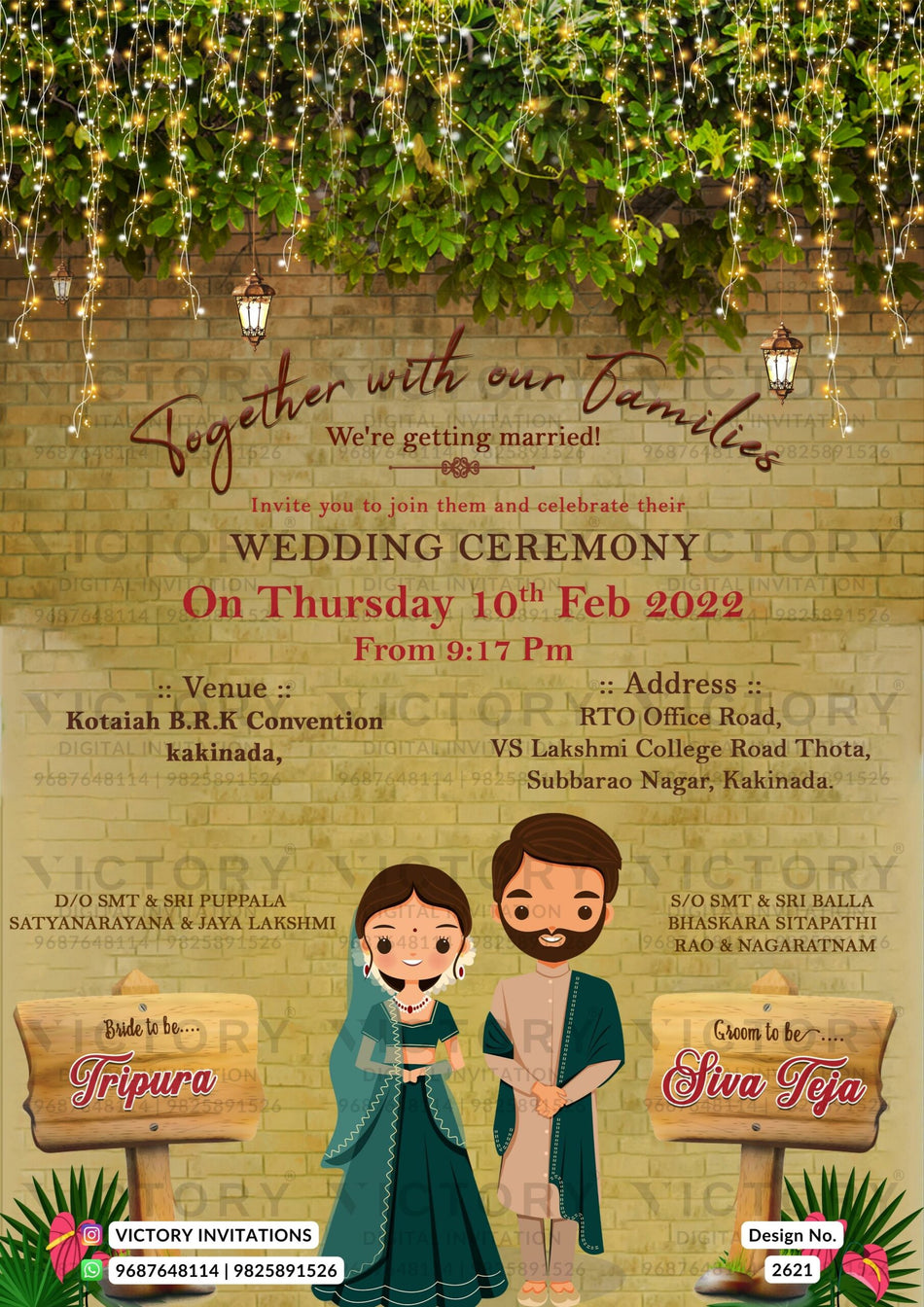 Wedding ceremony invitation card of hindu south indian telugu family in english language with vintage theme design 2621