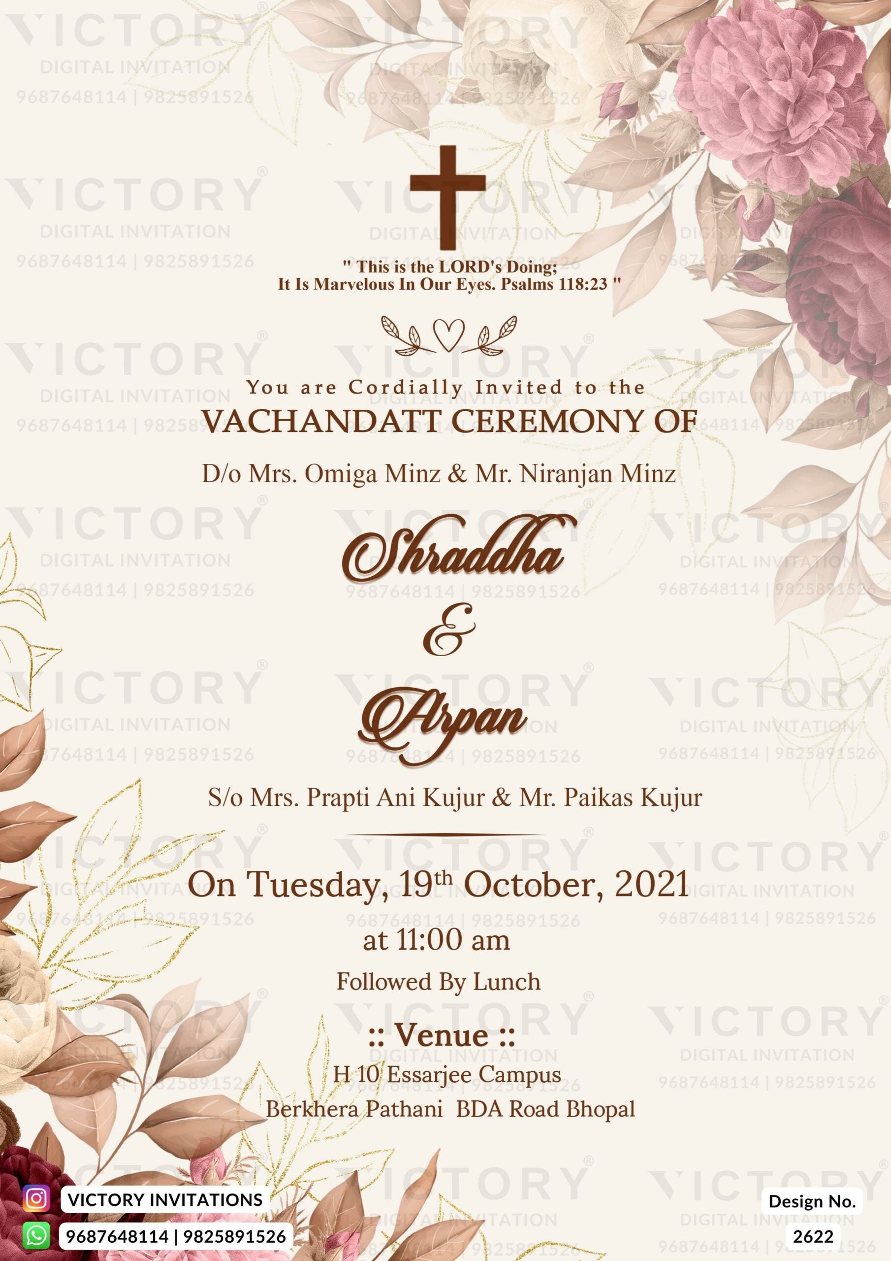 Vachandatt Ceremony invitation card in english language with flowers, leaves, cross symbol as floral theme design 2622