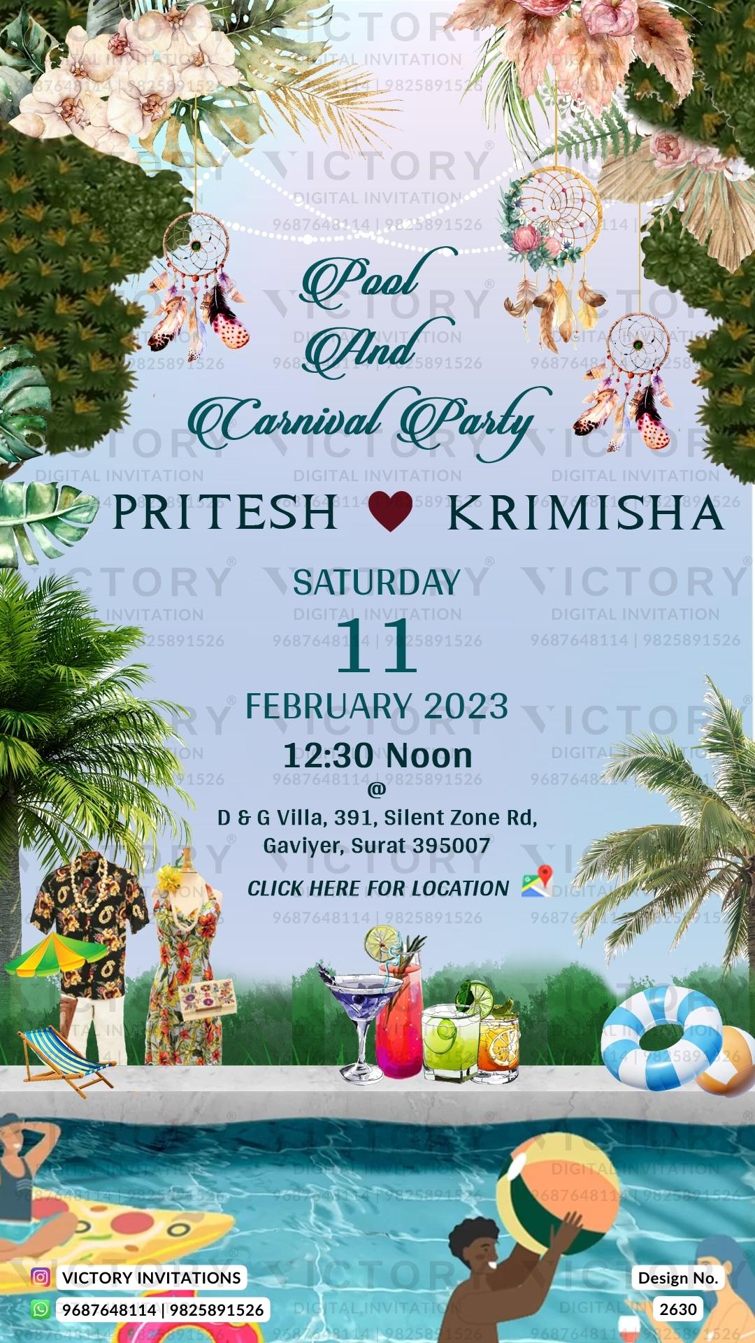 Pool Party invitation card in english language with swimming pool, ball as artistic leaves theme design 2630