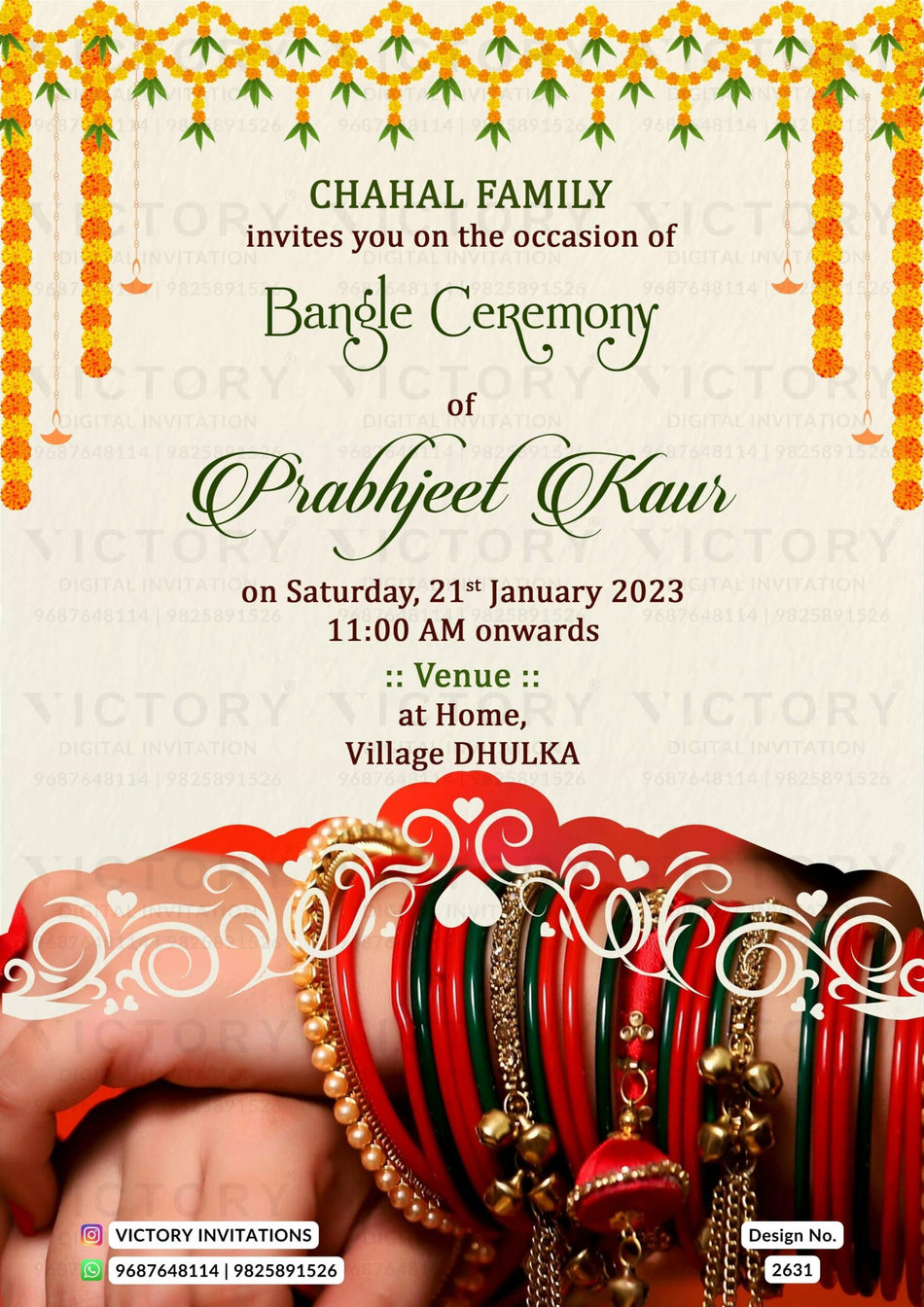 Choora ceremony invitation card in english language with marigold flowers theme design 2631