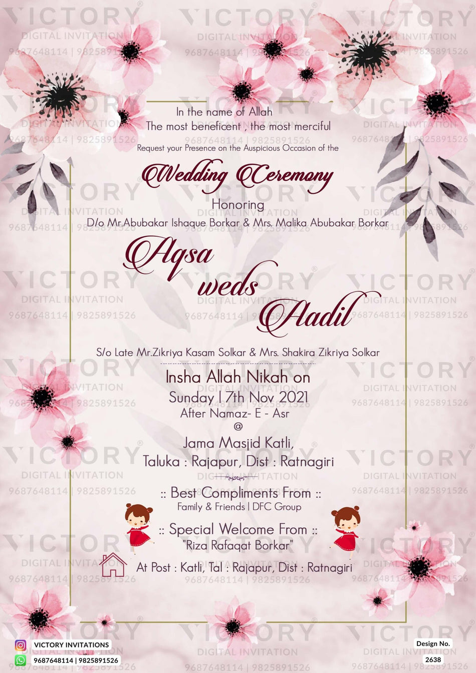 Nikah ceremony invitation card of Muslim family in english language with Floral theme design 2638