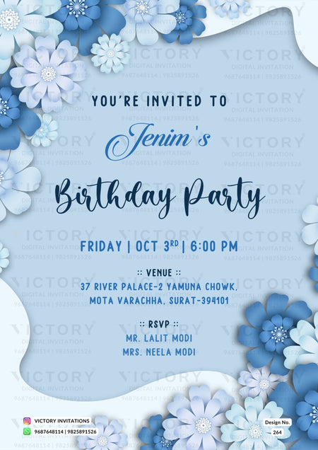 Birthday party invitation card in english language with flowers as floral theme design 264