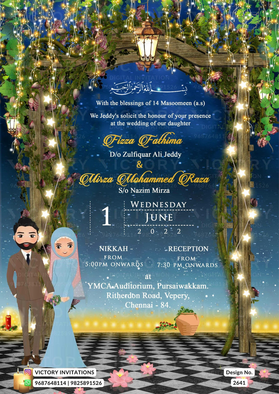Nikah ceremony invitation card of Muslim family in english language with Night Floral theme design 2641