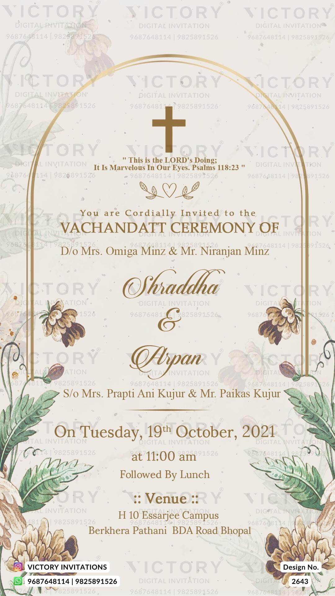 Vachandatt Ceremony invitation card in english language with christian cross symbol, frame, leaves as vintage theme design 2643