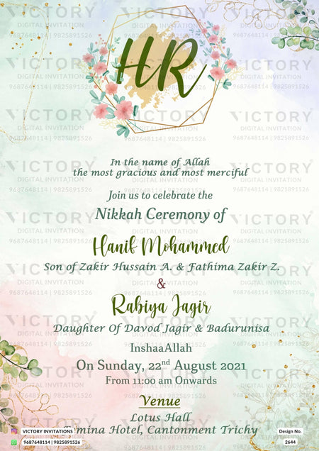 Pastel Water-colored and Gold Floral Theme Voguish Wedding Invitation with Captivating Couple Logo
