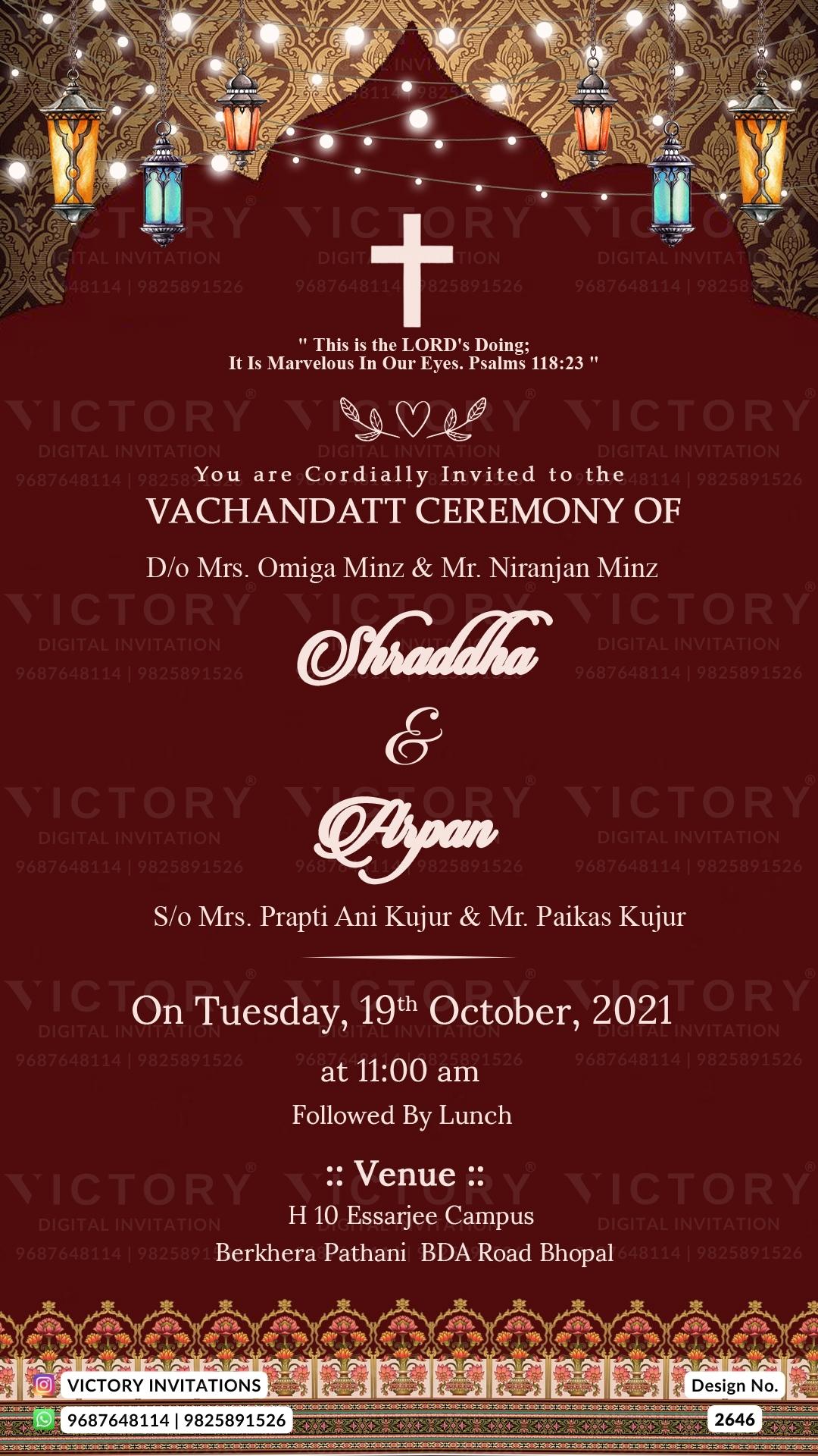 Vachandatt Ceremony invitation card in english language with christian cross symbol, string lights as traditional theme design 2646