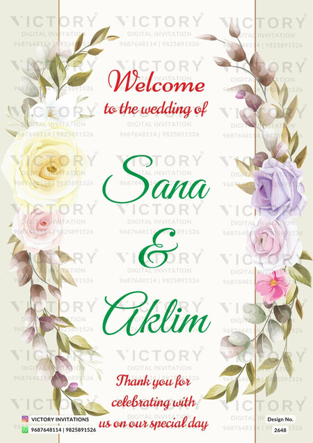 Wedding Welcome Standee design in english language with floral theme design 2648