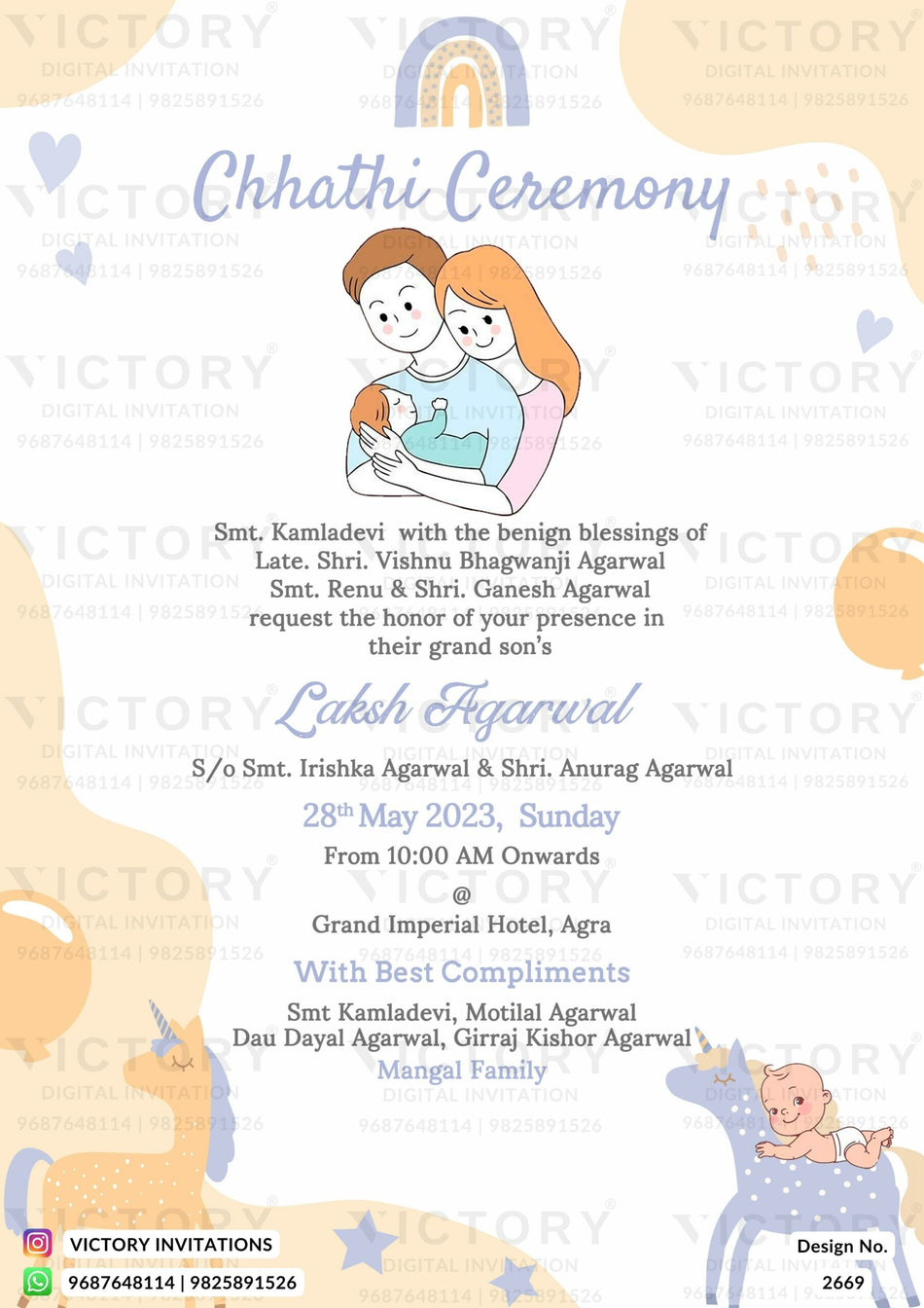 Chhathi ceremony invitation card for baby boy and girl in english language with rainbow, baby doodle as minimalistic theme design 2669