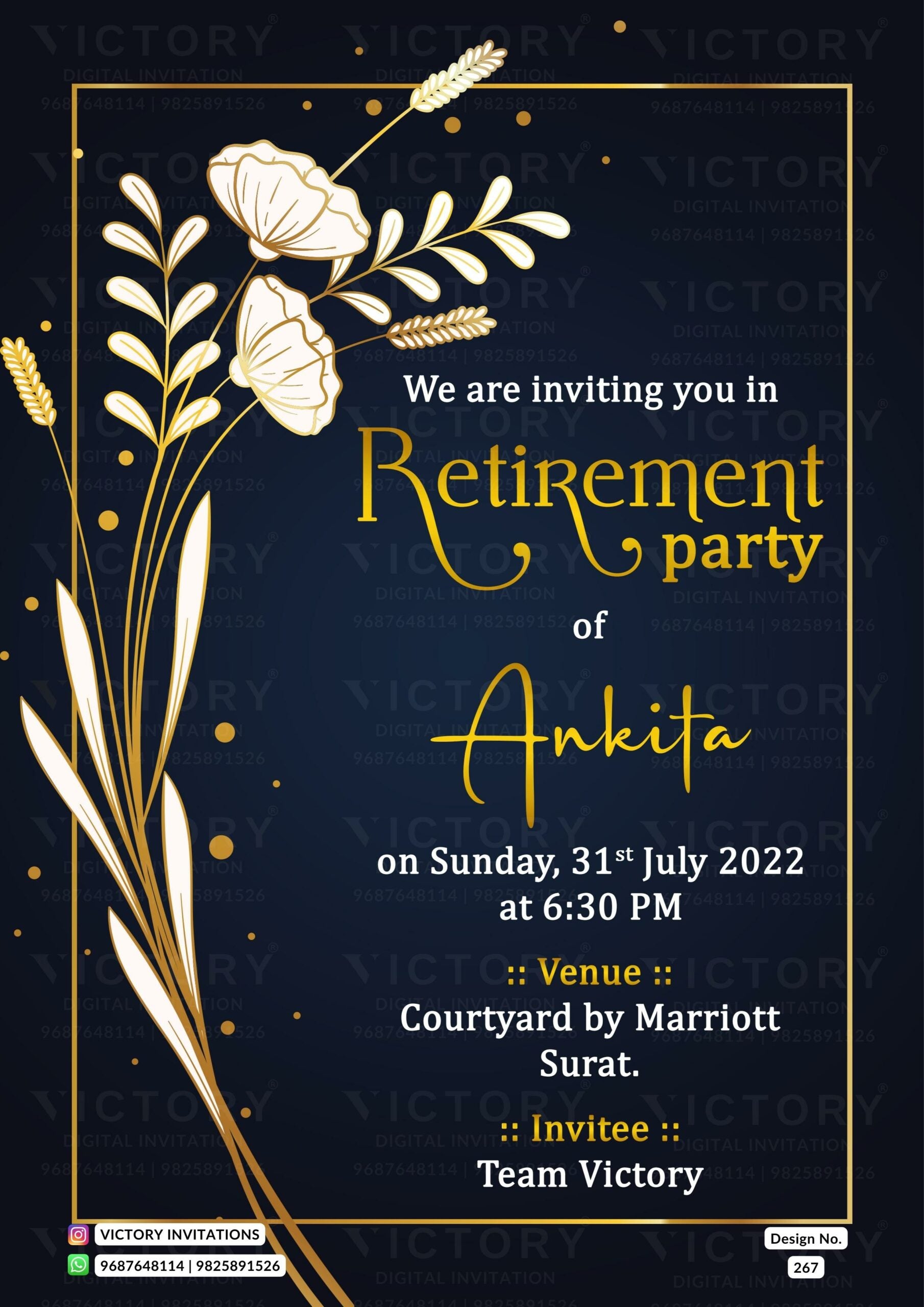 Retirement Party invitation card in english language with frame, flowers as glittery theme design 267