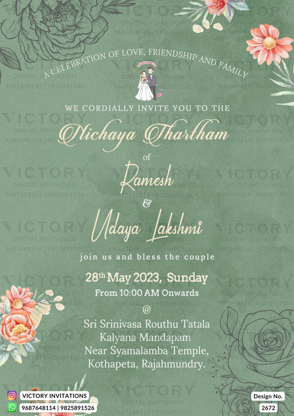 Nichayathartham Engagement invitation card in English language with flowers, couple doodle as minimalistic theme design 2672