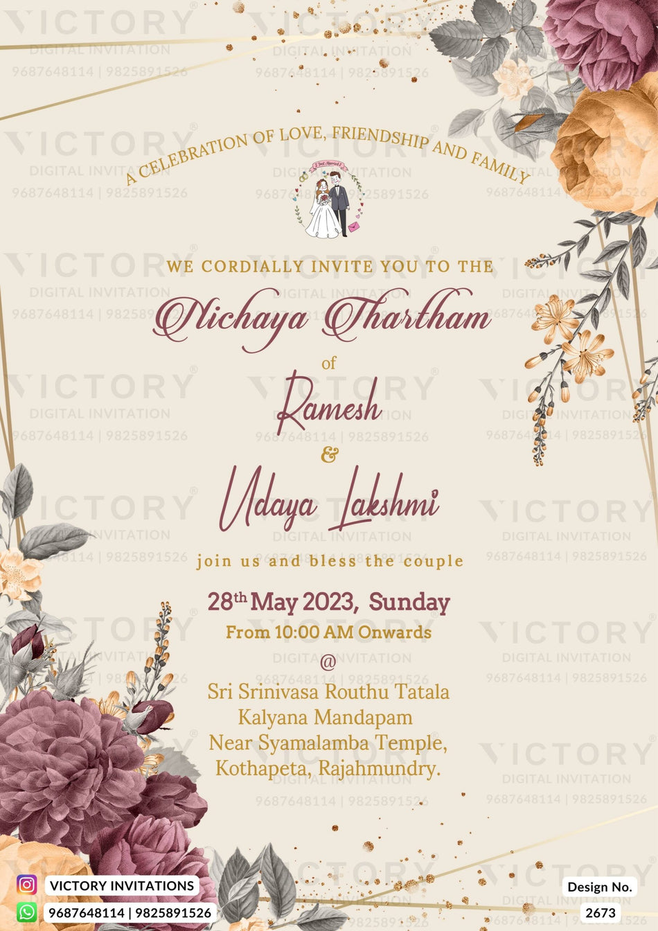 Nichayathartham Engagement invitation card in English language with flowers, golden lines as floral theme design 2673