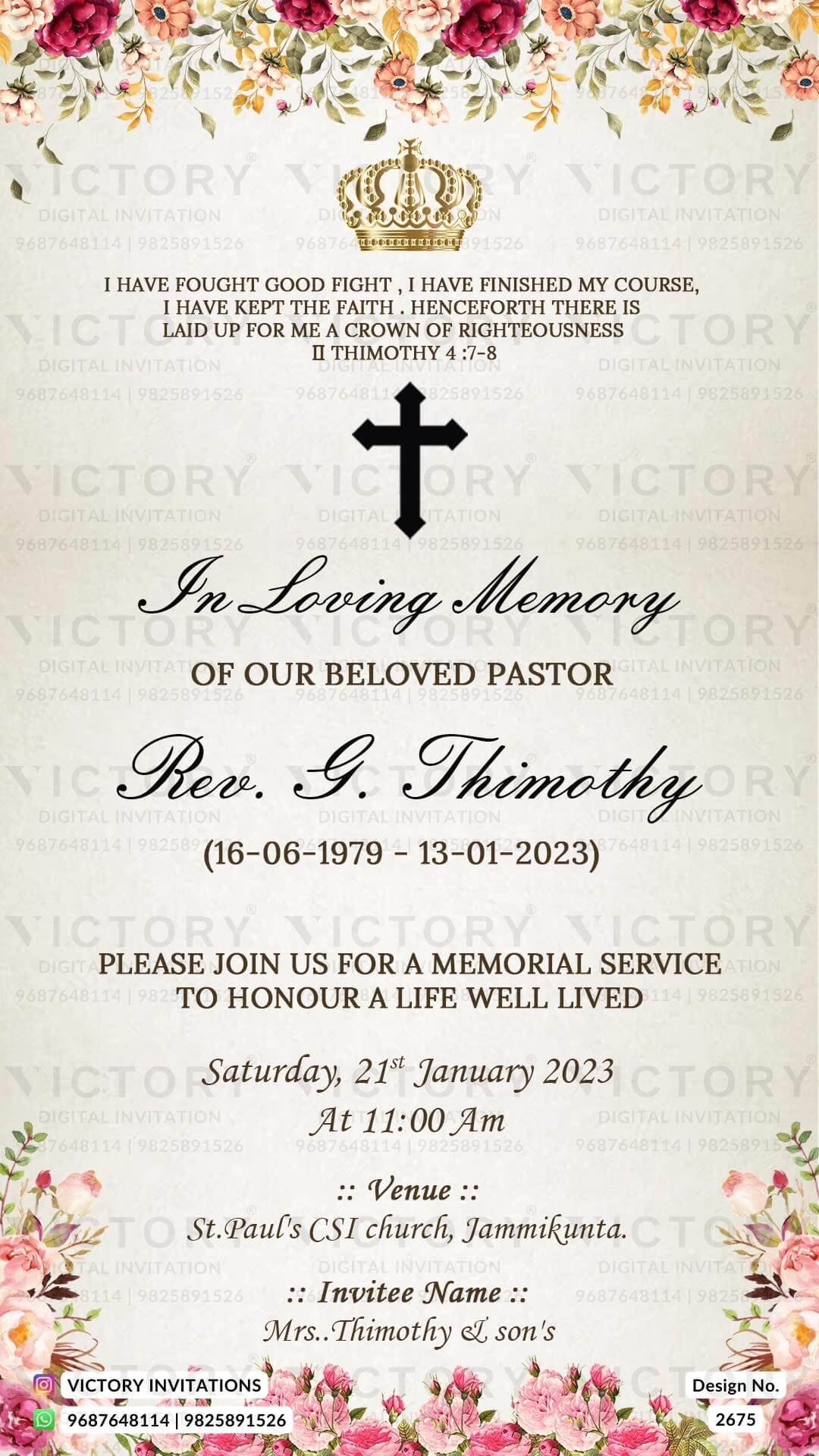 Bible verse Christian wedding ceremony invitation card of Catholic church family in english language with Floral theme design 2675