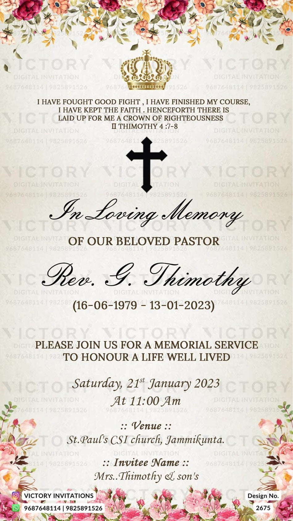 Bible verse Christian wedding ceremony invitation card of Catholic church family in english language with Floral theme design 2675