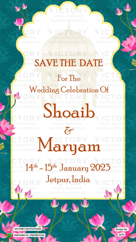 Muslim Save the Date card in english language with arabic theme design 2676