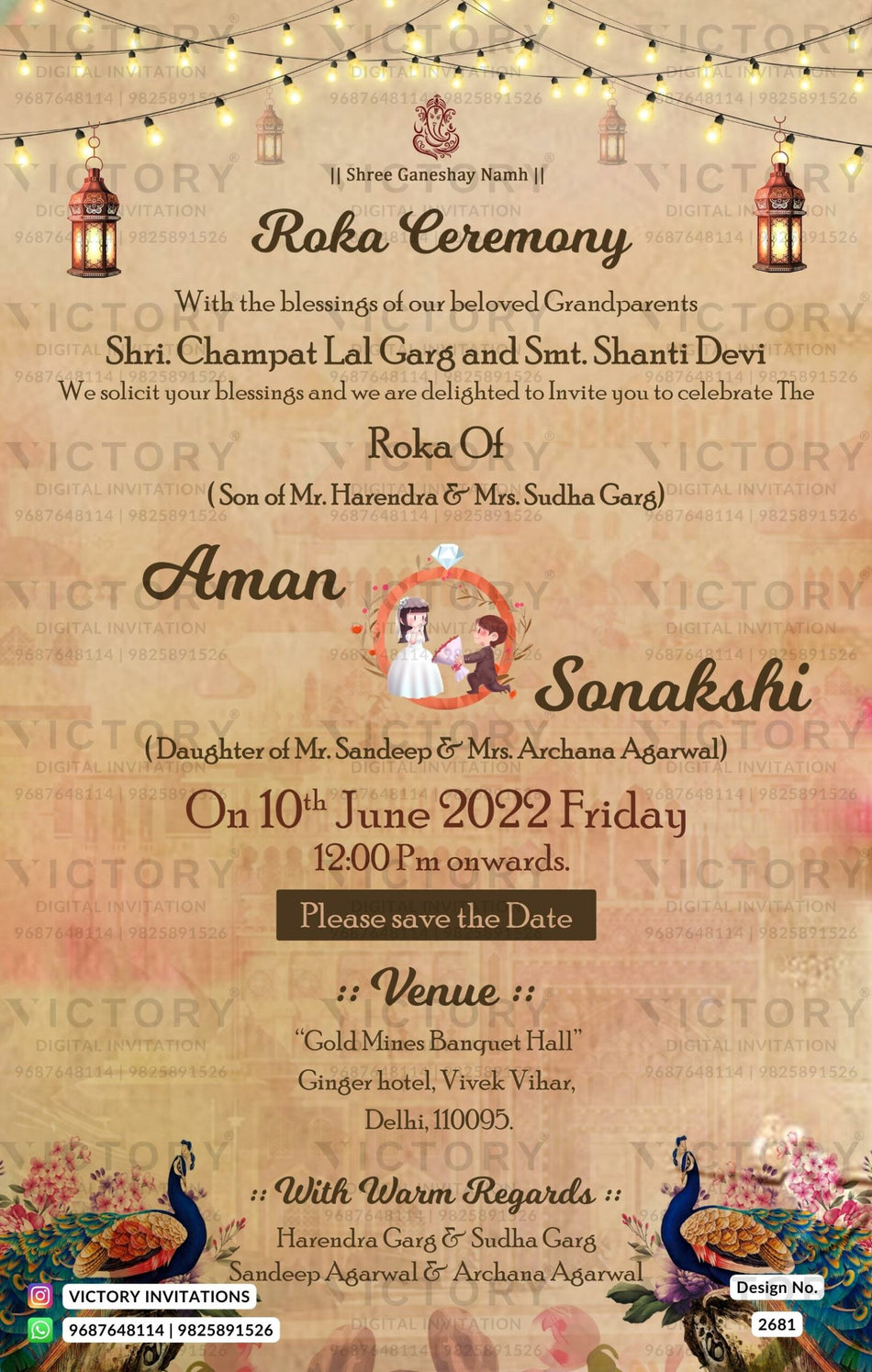 Roka ceremony invitation card for Punjabi family in english language with peacock, romantic couple doodle as vintage theme design 2681