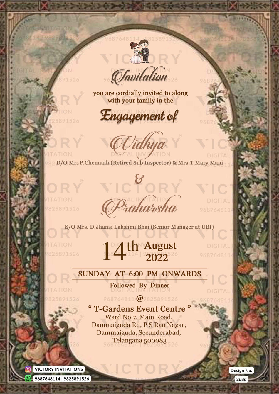 Engagement ceremony invitation card in english language with flowers as vintage theme design 2686