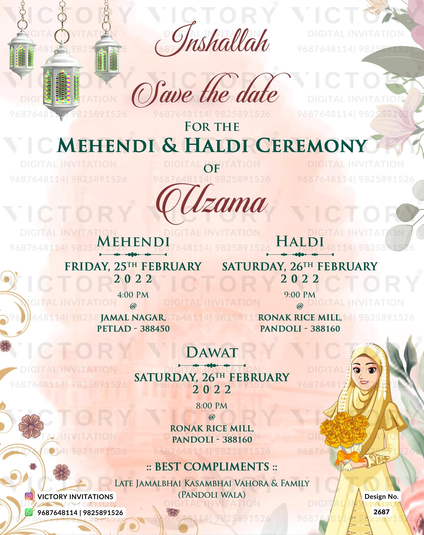 Mehendi ceremony invitation card in english language with lantern, flower, muslim doodle as floral theme design 2687