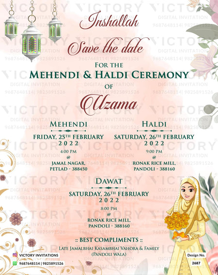 Mehendi ceremony invitation card in english language with lantern, flower, muslim doodle as floral theme design 2687
