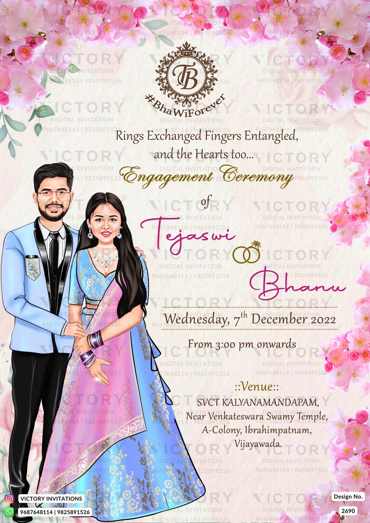 Adorable couple caricature invitation card for Engagement ceremony in english language with flowers as floral theme design 2690