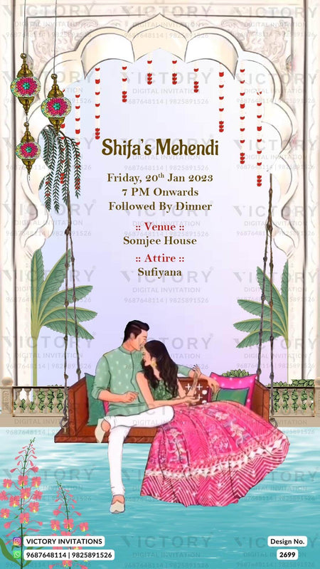 Dreamy Vibrant Traditional Sufi Theme Rasm-e-Mehndi Invitation with Stunning Couple Caricature,
