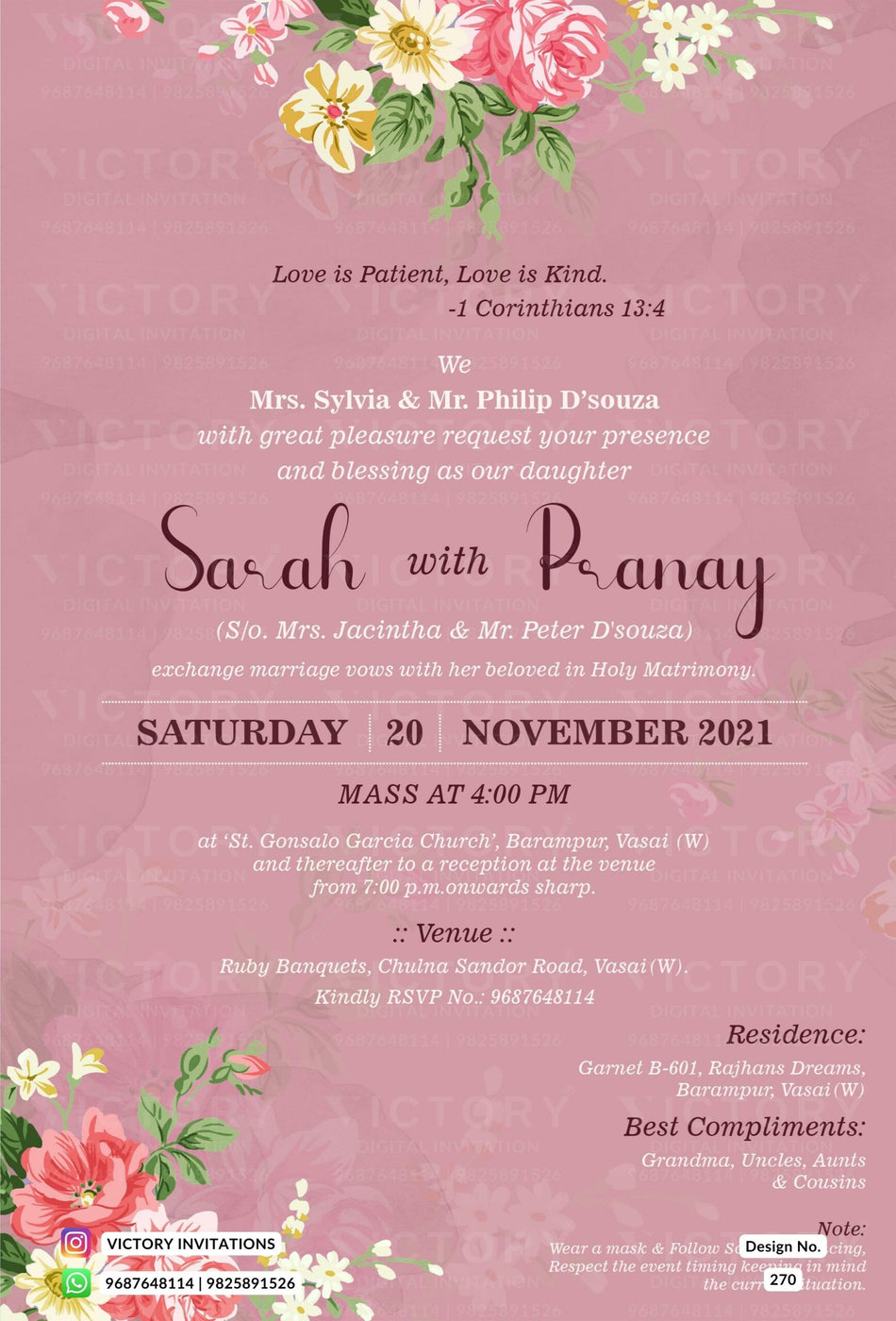 Bible verse Christian wedding ceremony invitation card of Catholic church family in english language with Floral theme design 270
