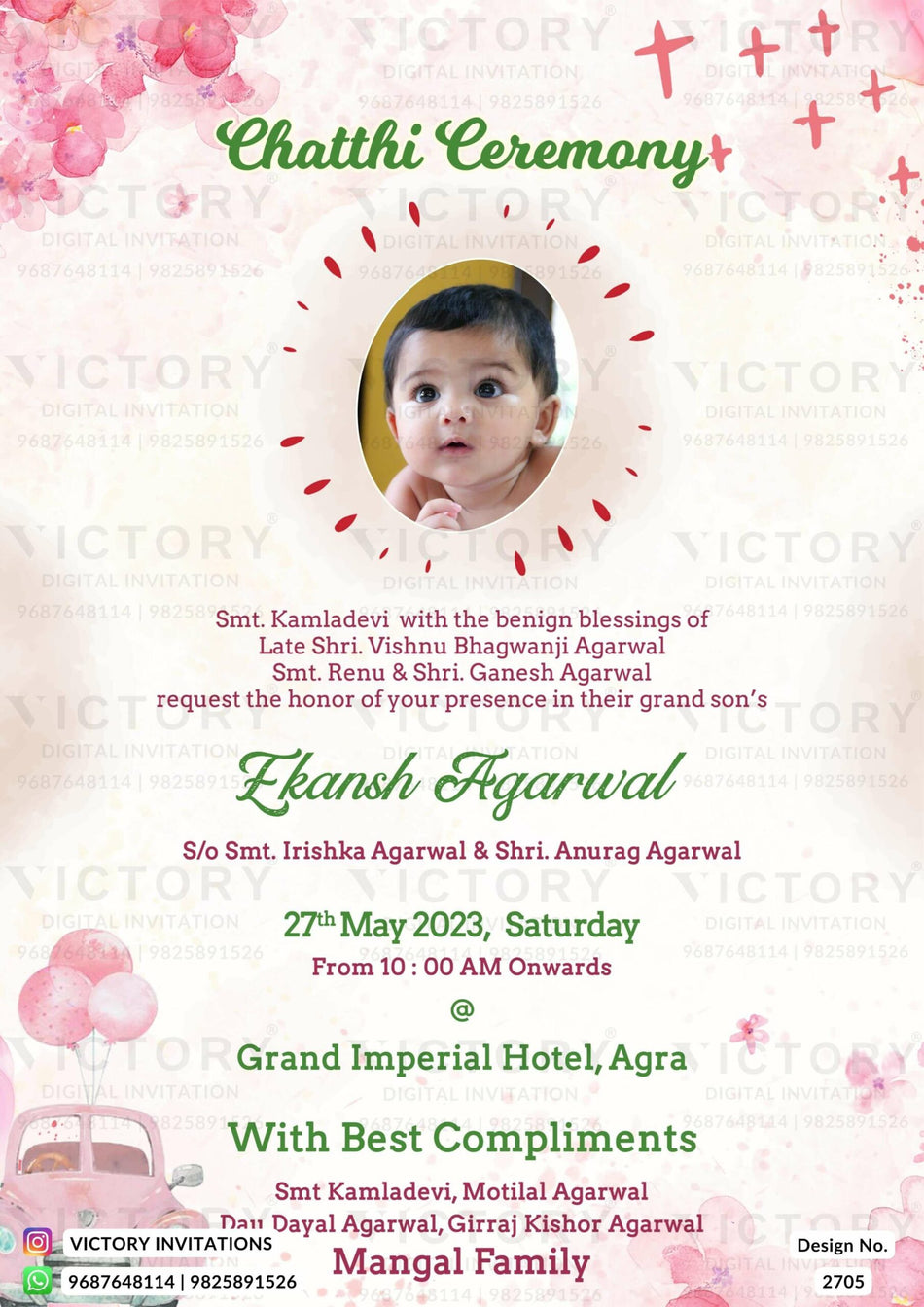 Chhathi ceremony invitation card for baby girl in english language with baby image, car, balloons as floral theme design 2705