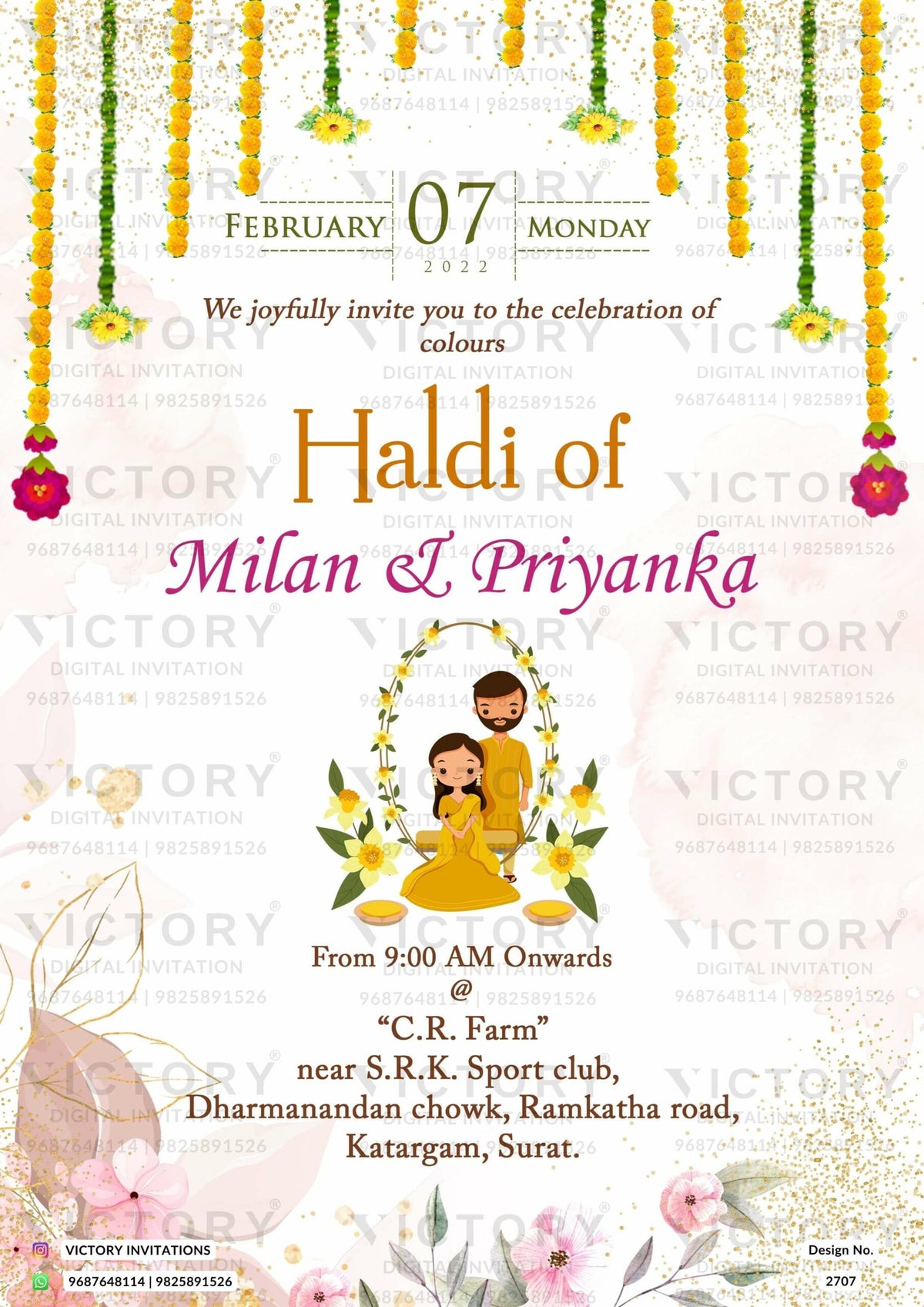 Haldi ceremony invitation card in english language with couple doodle, marigold garland as floral theme design 2707