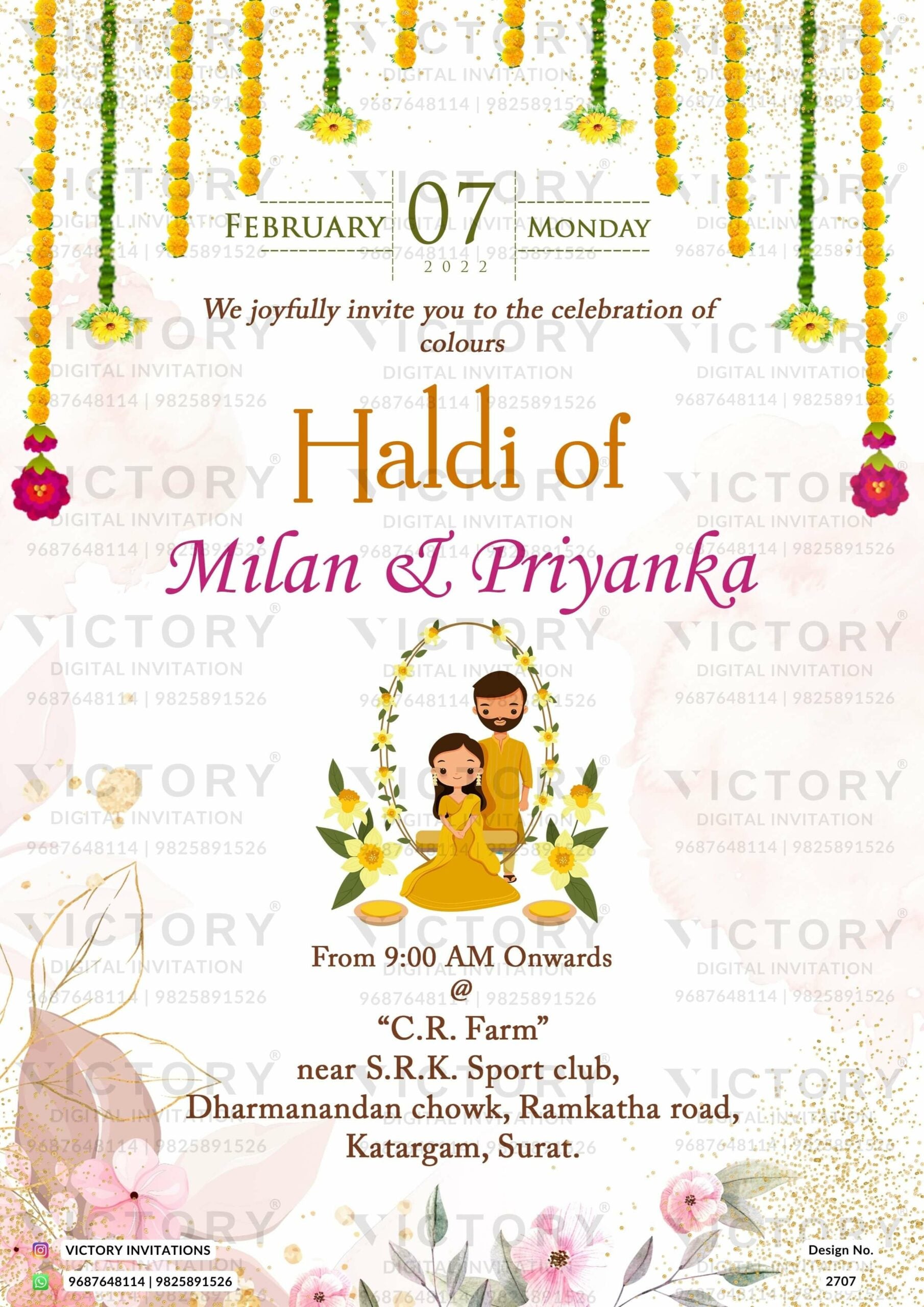 Haldi ceremony invitation card in english language with couple doodle, marigold garland as floral theme design 2707