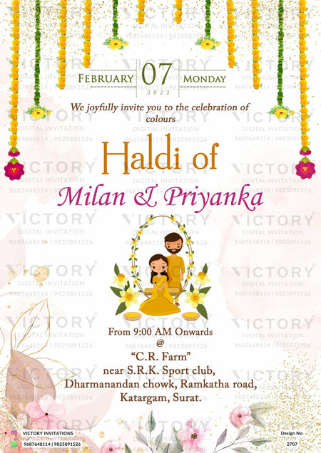 Haldi ceremony invitation card in english language with couple doodle, marigold garland as floral theme design 2707