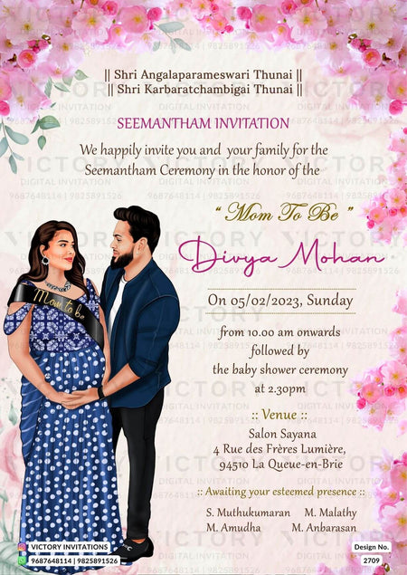 stylish couple caricature invitation card for Seemantham Baby Shower ceremony in English language with flowers as floral theme design 2709
