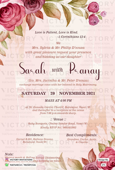 Bible verse Christian wedding ceremony invitation card of Catholic church family in english language with Floral theme design 271