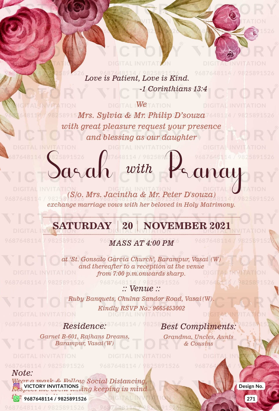 Bible verse Christian wedding ceremony invitation card of Catholic church family in english language with Floral theme design 271