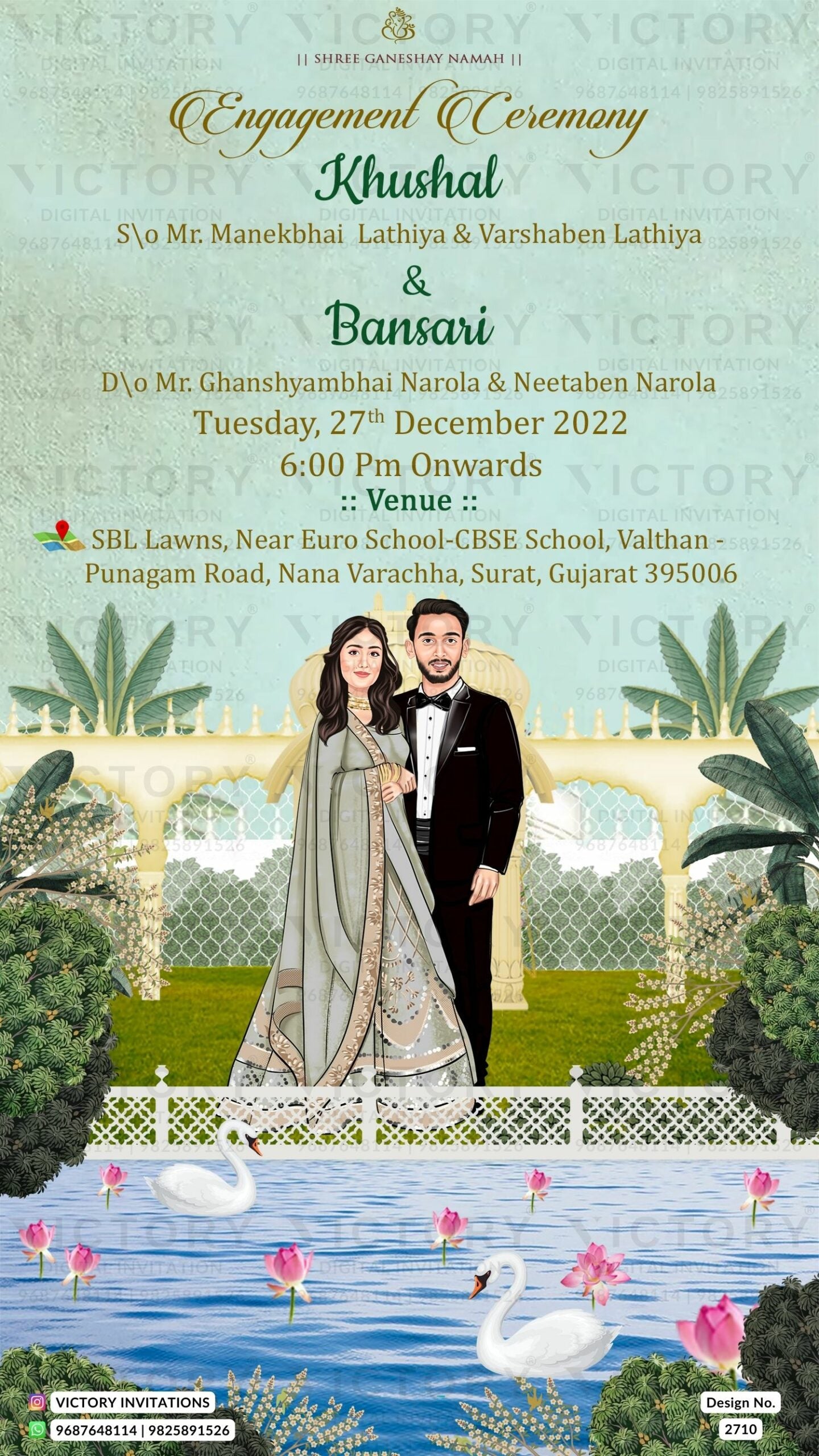 stylish couple caricature invitation card for Engagement ceremony in english language with lotus, tree, grass as traditional theme design 2710