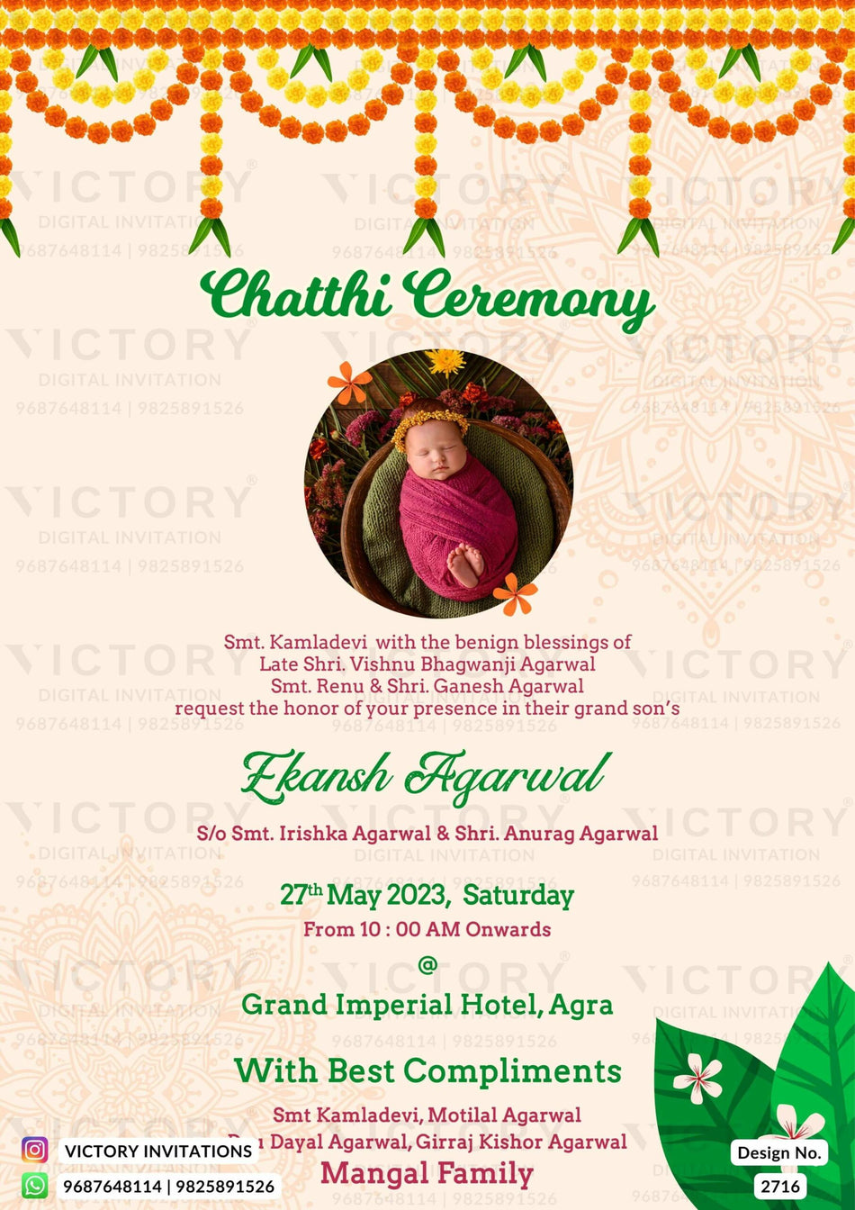 Chhathi ceremony invitation card for baby girl in english language with baby image, marigold garland as traditional theme design 2716