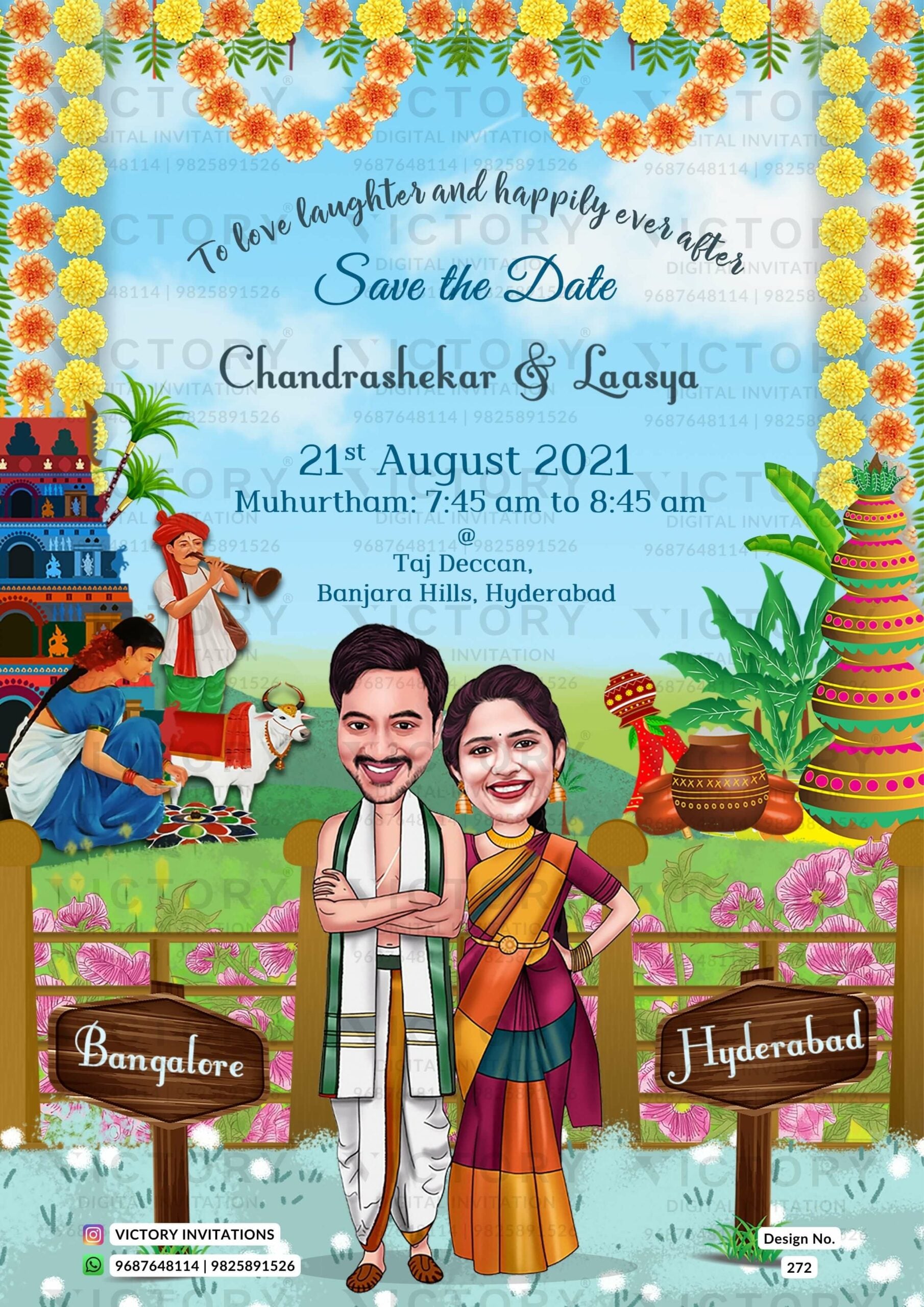 Dhoti and saree couple caricature invitation card for wedding ceremony of hindu south indian tamil family in english language with Garden design 272