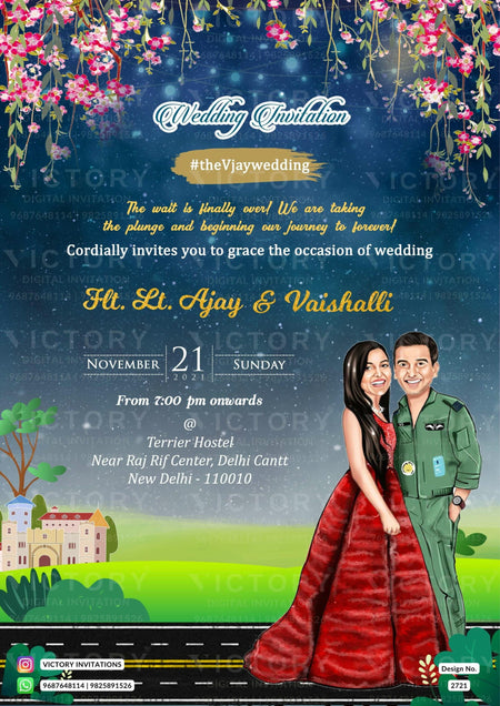 Stylish couple caricature invitation card for wedding ceremony of hindu punjabi haryanvi family in english language with Dreamy Sky theme design 2721