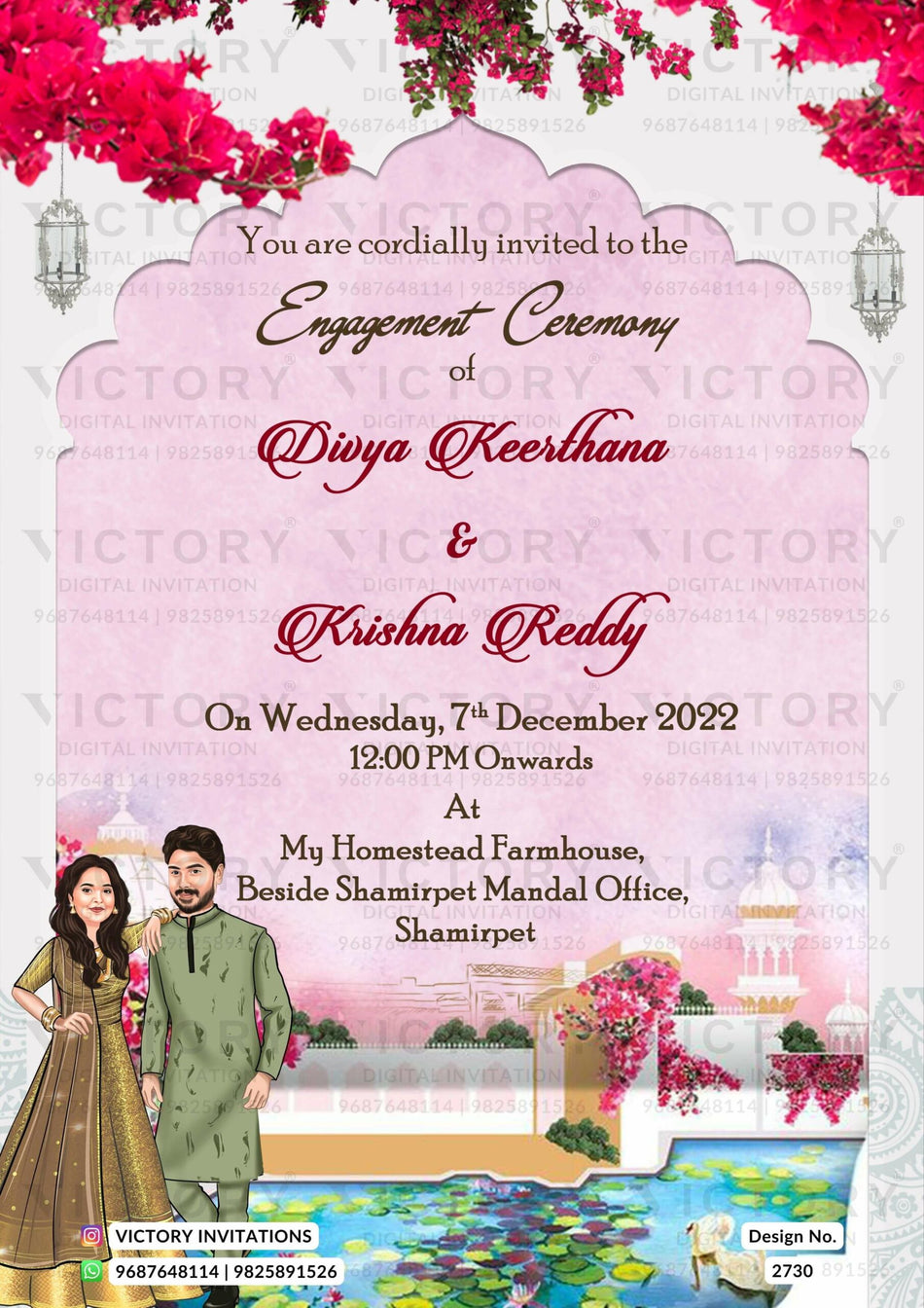 romantic couple caricature invitation card for Engagement ceremony in english language with flowers, lantern as arch frame theme design 2730