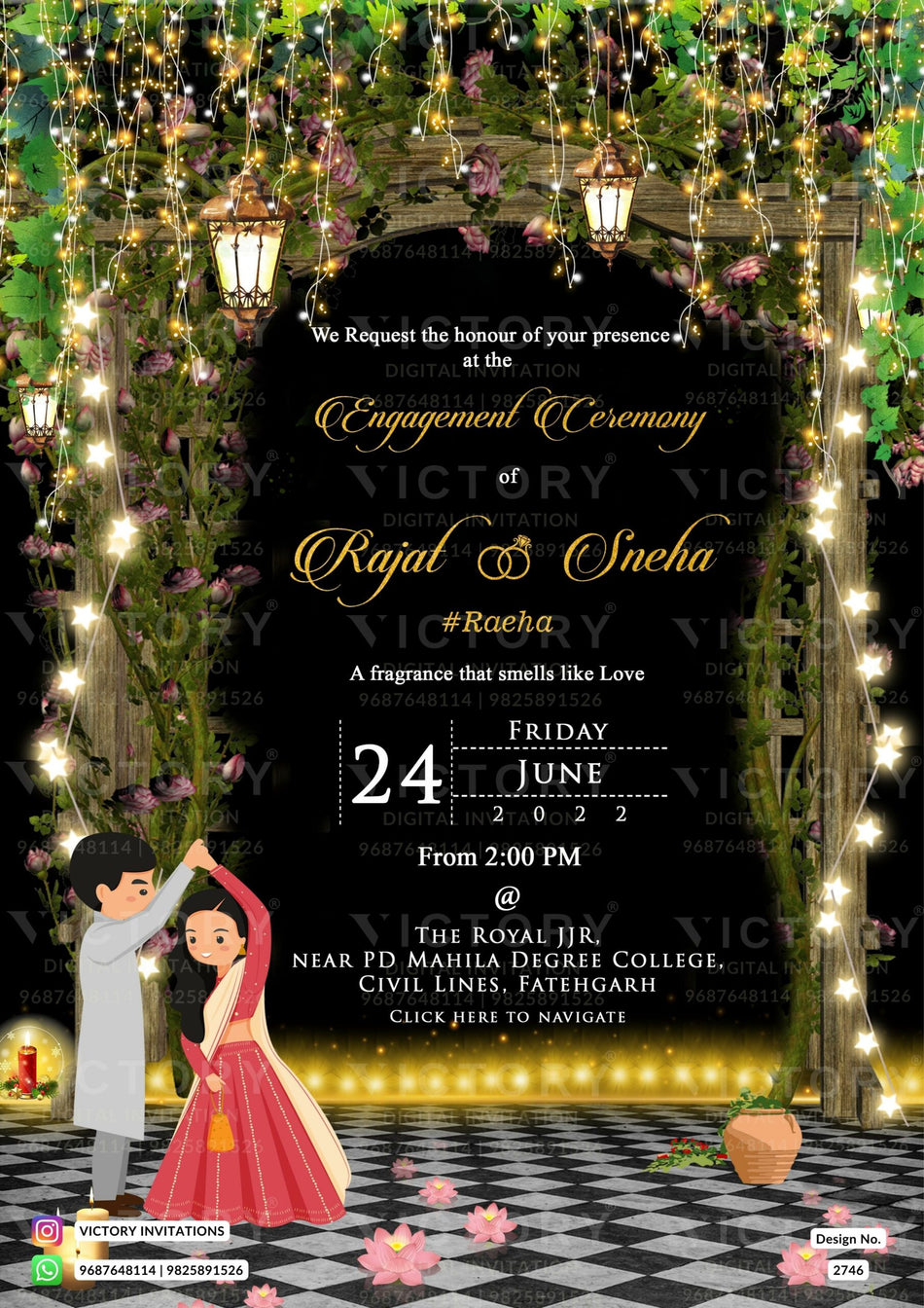Engagement ceremony invitation card in english language with string light, lantern, leaves as wooden gate theme design 2746