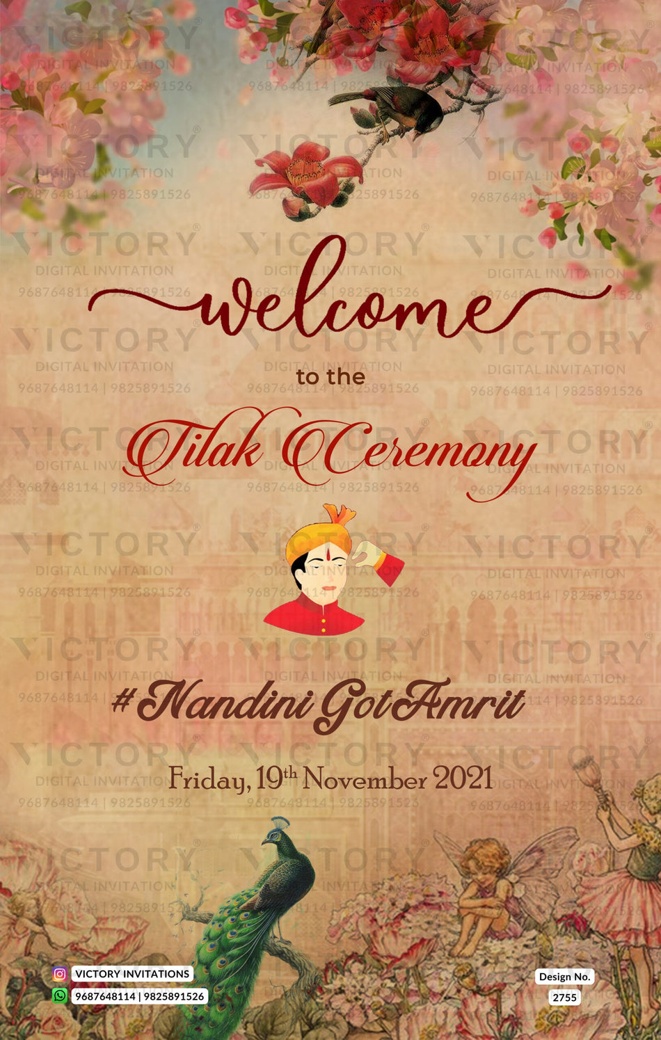 Engagement ceremony invitation card in english language with peacock, birds as vintage theme design 2755