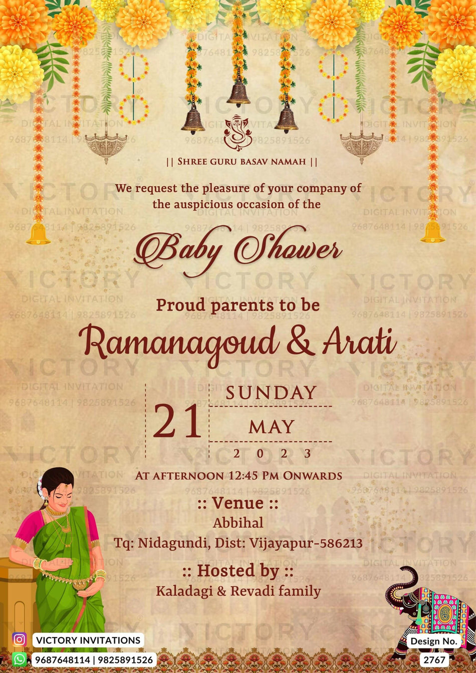 Baby Shower ceremony invitation card in english language with elephant, bells, umbrella as marigold flowers theme design 2767