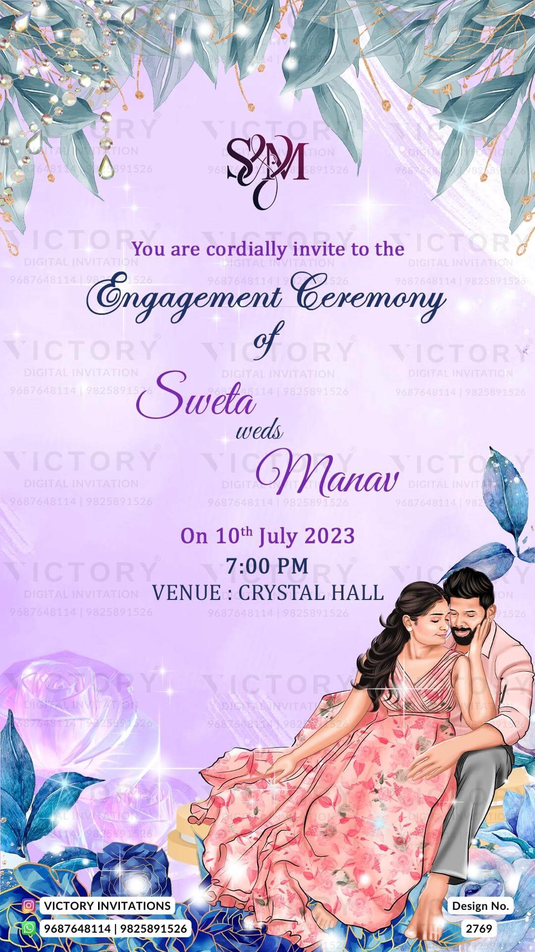 sitting romantic couple caricature invitation card for Engagement ceremony in english language with leaves, flowers as floral theme design 2769