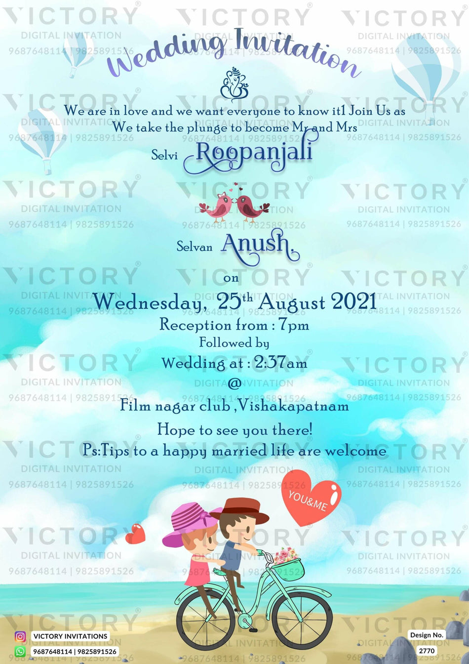 Wedding ceremony invitation card of hindu south indian telugu family in english language with beach theme design 2770