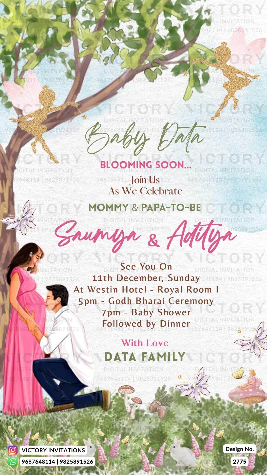 Baby Shower ceremony invitation card in english language with tree, couple doodle, butterfly as garden theme design 2775