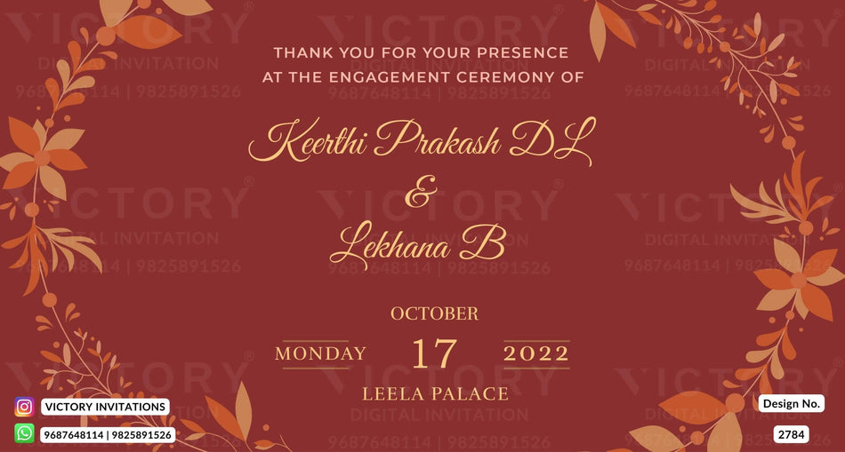 Engagement ceremony invitation card in english language with leaves as minimalistic theme design 2784