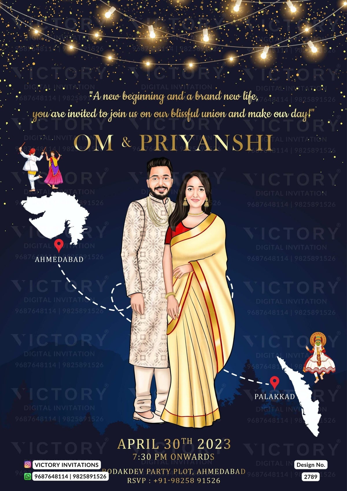 Adorable couple caricature invitation card for wedding ceremony of gujarati leuva family in english language with glittery theme design 2789