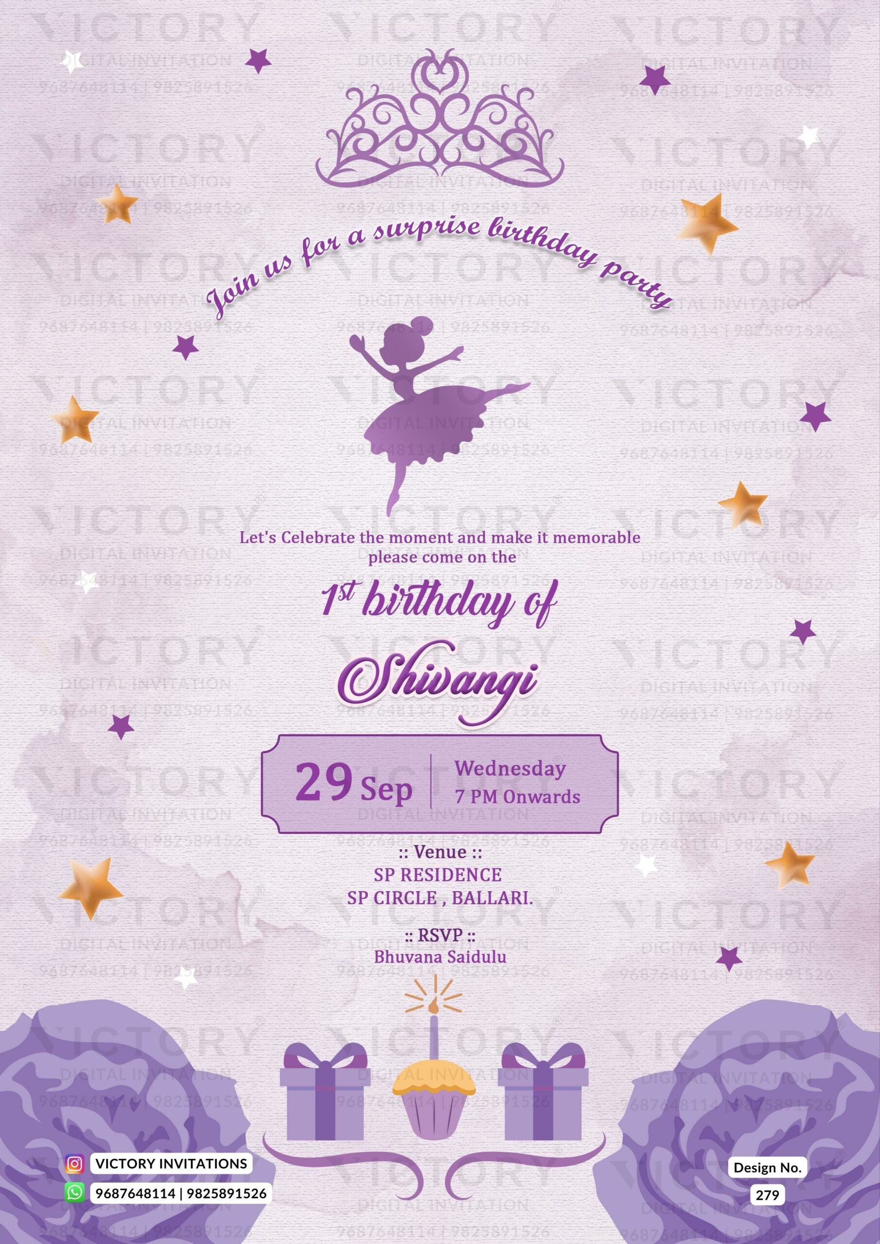 Birthday party invitation card for girl in english language with gifts, flowers as minimalistic theme design 279