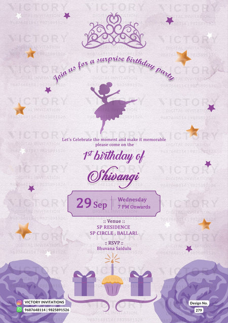 Birthday party invitation card for girl in english language with gifts, flowers as minimalistic theme design 279