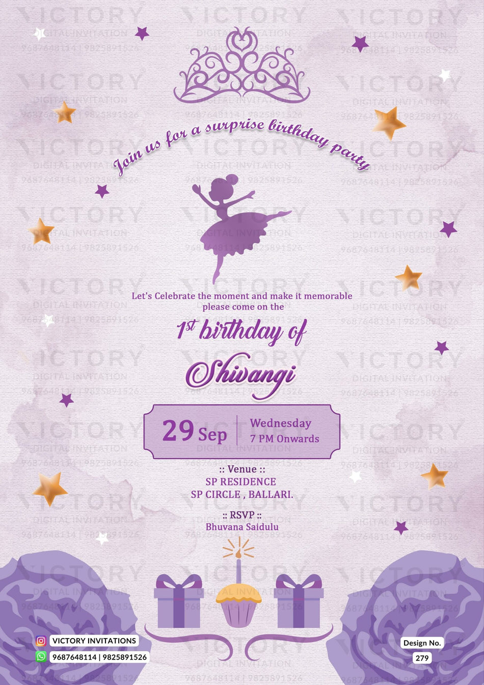 Birthday party invitation card for girl in english language with gifts, flowers as minimalistic theme design 279